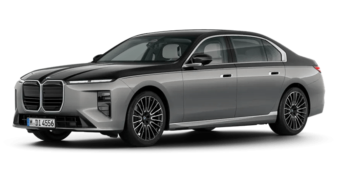 Modernes Luxusfahrzeug in silberner und schwarzer Lackierung mit markantem Kühlergrill und eleganten Linien. Das Auto bietet eine Kombination aus sportlichem Design und technischer Innovation, ideal für anspruchsvolle Fahrer.