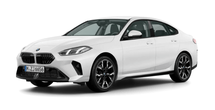 BMW 2er Gran Coupé in Weiß, seitliche Ansicht mit sportlichem Design und eleganten Linien, ausgestattet mit modernen Felgen und markanter Frontpartie, ideal für die Fahrzeugübersicht.
