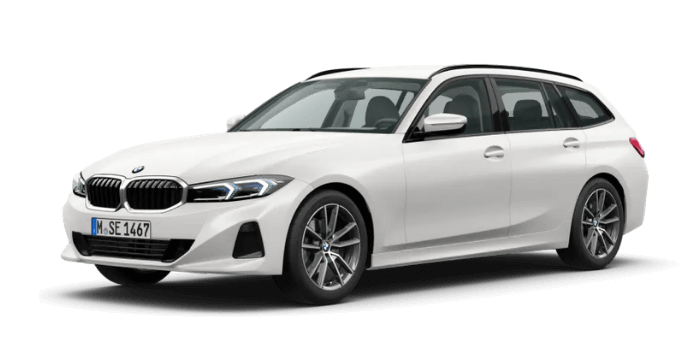 BMW 3er Touring in weißer Lackierung, seitliche Ansicht, präsentiert sportliches Design und moderne LED-Scheinwerfer, ideal für Familien und aktive Lebensstile.