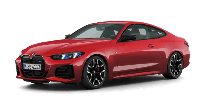 Das Bild zeigt einen roten BMW 4er Coupé in sportlichem Design, mit markanten LED-Scheinwerfern und einem dynamischen Kühlergrill. Die elegante Linienführung und die sportlichen Felgen unterstreichen die Leistungsfähigkeit und den modernen Stil des Fahrzeugs. Ideal für eine Fahrzeugübersicht, die die Highlights und technischen Merkmale des Modells präsentiert.