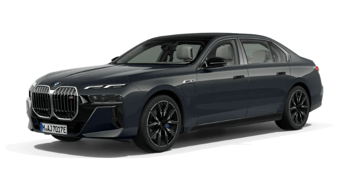 BMW 7er Limousine in dunklem Farbton mit sportlichem Design und eleganten Linien, ausgestattet mit modernen Features und einem luxuriösen Innenraum, präsentiert auf der Seite Fahrzeugübersicht.