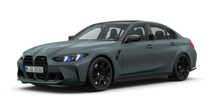 BMW M3 in mattem Grau mit sportlichem Design und schwarzen Felgen. Das Fahrzeug verfügt über aggressive Linienführung und moderne LED-Scheinwerfer. Ideal für Performance-Enthusiasten, die Wert auf Stil und Fahrdynamik legen.