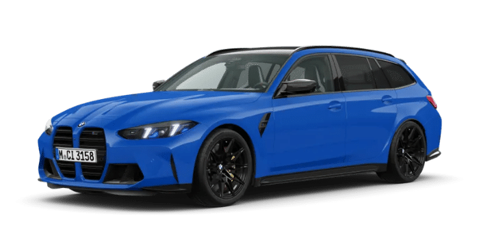 BMW M3 Touring in leuchtendem Blau mit sportlichem Design, schwarzem Dach und markanten Details, ideal für leistungsorientierte Fahrten und Familienausflüge.